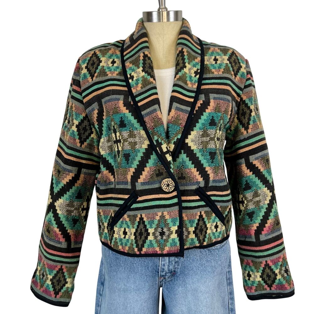 Vintage New Identity Tapestry Aztec Print Collared Button Front Jacket (Sz M)